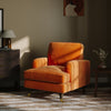 Orange Velvet Armchair with Saddle Arms Wood Legs Foam Filled Traditional
