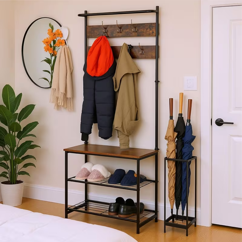Industrial Coat Rack Vintage Hall Hanger Storage Bench Shoe Clothes St ...