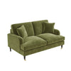 Green Velvet Sofa 2 Seater with Ruched Saddle Arms Wooden Gold Legs Traditional