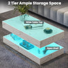 High Gloss LED Coffee Table Modern White Marble 2 Tiers Rectangle Tea Table