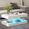 High Gloss LED Coffee Table Modern White Marble 2 Tiers Rectangle Tea Table