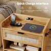 Boho Rattan Nightstand,Bedside Table with Charging Station,Drawer &Storage Shelf