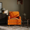 Orange Velvet Armchair with Saddle Arms Wood Legs Foam Filled Traditional