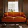 Orange Velvet Sofa 3 Seater Foam Filled with Saddle Arms Dark Wood Gold Legs