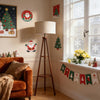 Tripod Floor Lamp with Shelf Wooden Standing Light Linen Shade Living Room