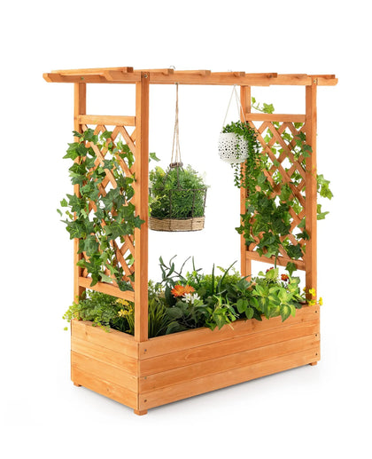 Raised Garden Bed Planter Box w/ Side & Top Trellis for Vine Climbing Plants