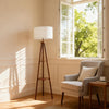 Tripod Floor Lamp with Shelf Wooden Standing Light Linen Shade Living Room