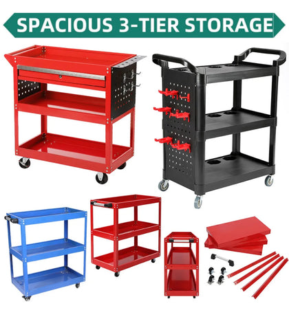 Upgraded Tool Storage Heavy Duty Garage Trolley Workshop 3 Tier Wheel Cart Shelf