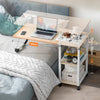Beige Overbed Table with Wheels Adjustable Foldable Bedside Laptop Desk