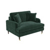 Green Velvet Loveseat with Dark Wood Gold Legs Saddle Arms Traditional Style