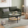 30" Round Rattan Coffee Table w/ Storage, 2 Tier Glass Centre Table Living Room