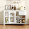 Rotating Extendable Dining Table Sideboard Storage Cabinet w/ Glass Doors, White