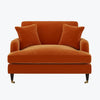 Orange Velvet Loveseat with Saddle Arms Wood Legs Foam Filled Traditional Style