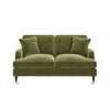 Green Velvet Sofa 2 Seater with Ruched Saddle Arms Wooden Gold Legs Traditional