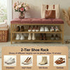 2-Tier Velvet Top Bamboo Gold Metal Shoe Rack Stand Shoe Storage Shelf Hallway