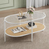 2 Tier Oval Rattan Coffee Table with Glass Top and Storage Shelf, Metal Frame