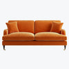Orange Velvet Sofa 3 Seater Foam Filled with Saddle Arms Dark Wood Gold Legs