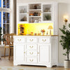 Kitchen Tall Storage Cabinet w/ LED Lights, Countertop, 6 Drawers & Glass Doors
