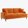 Orange Velvet Sofa 3 Seater Foam Filled with Saddle Arms Dark Wood Gold Legs