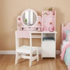 Kids Vanity Table Set LED Mirror Children Safe Wooden Dressing Table Storage
