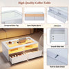 Coffee Table w/ 2 Drawers & LED Lights, Tempered Glass Top, White 100x50x35cm