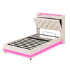 3ft Single Upholstered Bed with Hydraulic Storage, LED Headboard, Linen, Beige