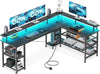 L Shaped Gaming Desk with LED Lights & Power Outlets, 168×120cm Reversible Corne