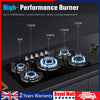 Gas Hob 5 burners, 77cm Black Tempered Glass Gas Hob with Cast Iron Supports