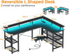 L Shaped Gaming Desk with LED Lights & Power Outlets, 168×120cm Reversible Corne