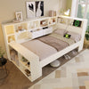 White Daybed Single Bed w/ L-Shape Storage Shelves & Charging Station, 90x190cm