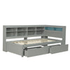 3FT Wooden Bed Frame with Drawers Bookcase, Storage Headboard & LED Lights, Grey