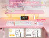 Pink 140cm L Shaped Gaming Desk with LED Lights, Monitor Stand & Shelves