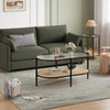 2 Tier Oval Rattan Coffee Table with Glass Top and Storage Shelf, Metal Frame
