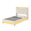 3ft Single Upholstered Bed with Hydraulic Storage, LED Headboard, Linen, Beige