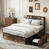 Double Industrial Metal Platform Bed with Headboard & 4 Storage Drawers