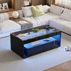 Modern Coffee Table with LED Lights & Open Storage, Glass Top, 2 Drawers, Black