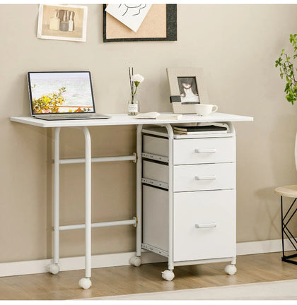 Folding Computer Desk Wheeled PC Laptop Table Writing Workstation with 3 Drawers
