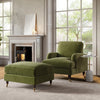Green Velvet Armchair with Ruched Saddle Arms Wooden Gold Legs Traditional STyle