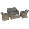 Four-Piece Rattan Sofa Set, with Glass-Top Table - Light Grey