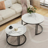 Set of 2 Nesting Coffee Table Marble Round Accent Tables Dual Pole Legs Lounge