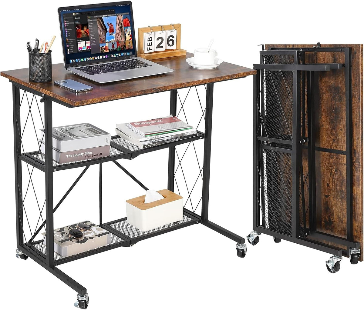Collapsible Computer Desk with Wheels,Mobile Workstation w/ 3-Tier Met ...