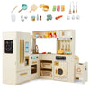 Corner Kitchen Playset Wooden Kids Pretend Play Kitchen w/Fridge-Beige