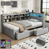 3FT Wooden Bed Frame with Drawers Bookcase, Storage Headboard & LED Lights, Grey