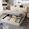 KING 5FT OTTOMAN STORAGE UPHOLSTERED BED FRAME WITH HEADBOARD & LED LIGHTS BEIGE