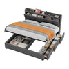 King Bed Frame Grey Upholstered Wooden Slatted Bed Frame with Storage, 3 Drawers