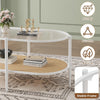 2 Tier Oval Rattan Coffee Table with Glass Top and Storage Shelf, Metal Frame