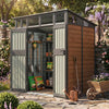 8x7FT Metal Garden Storage Shed with Window Doors Outdoor Tool House Wood Grain