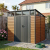 8x7FT Metal Garden Storage Shed with Window Doors Outdoor Tool House Wood Grain