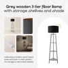 Modern Grey 3 Tier Floor Lamp with Shelves & White Shade | 156cm Wood Light