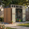 8x7FT Metal Garden Storage Shed with Window Doors Outdoor Tool House Wood Grain